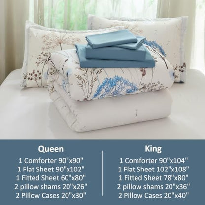 Yiran Queen Comforter Size Set, 7 Piece Blue Dandelion Floral Bed in a Bag