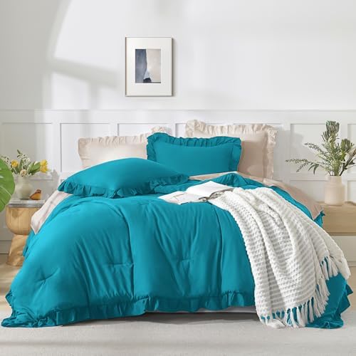 Andency Turquoise California King Comforter Set, 3 Pcs Shabby Chic Bedding