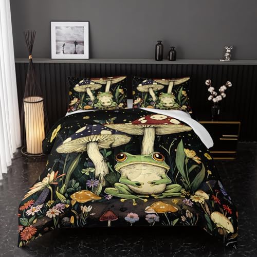 Nttopship Frog Mushroom Comforter Bedding Set with 2 Pillowcase Full Size Cartoon Frog Mushroom Butterfly Comforter Set for Kids Boys Girls Bedroom Decor