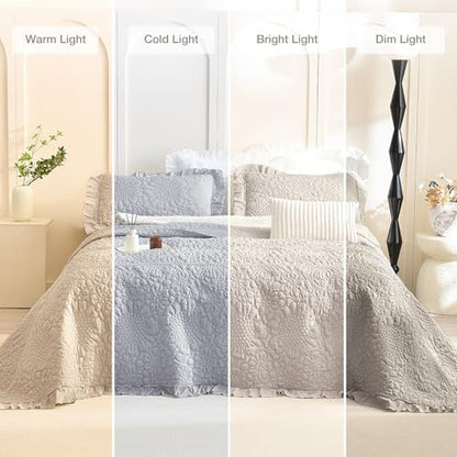 Masaca Oversized King Bedspread 128x120,Linen Colored Ruffled Shabby Boho Chic Quilt Set 3Pcs Soft Lightweight Farmhouse Crinkled Extra Large King Quilt Coverlet Bedding Set