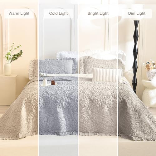 Masaca Oversized King Bedspread(118"x106"),Ruffled Farmhouse Shabby Boho Chic California King Quilt Set Oversized Linen Colored Crinkled Lightweight Rustic Stone-Washed Microfiber Bedding Set