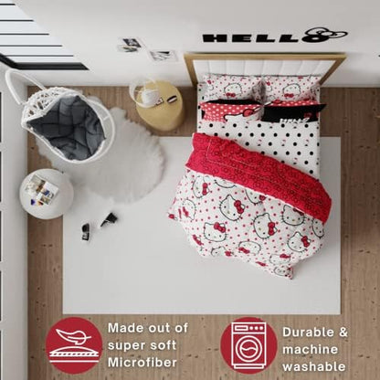 Hello Kitty Polka Dot Bedding 7 Piece Super Soft Comforter and Sheet Set with Sham, Full, (Official Licensed Product) by Franco Collectibles
