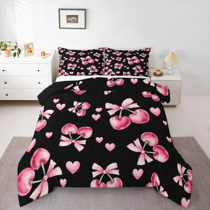 Cherry Bowknot Kids Comforter Set Full Size,Pink Bow Tie Butterfly Knot Princess Bedding Set,Girls Boys Room Decor,Love Heart Geometric Patchwork Quilt Comforter,Dreamy Duvet Insert,2 Pillowcases