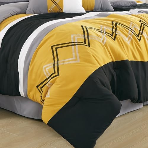 Chezmoi Collection Arden 7-Piece Modern Pleated Stripe Embroidered Zigzag Bedding Comforter Set (King, Turmeric/Black/Silver Gray/White)