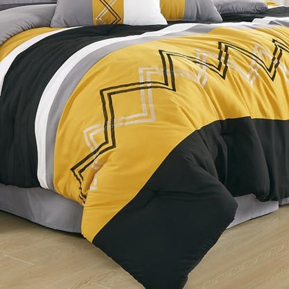 Chezmoi Collection Arden 7-Piece Modern Pleated Stripe Embroidered Zigzag Bedding Comforter Set (Full, Turmeric/Black/Silver Gray/White)
