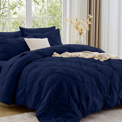 Sasttie Queen Comforter Set, 7-Piece Bed in a Bag, Pintuck Bedding Sets for All Season, Includes Comforter, Flat Sheet, Fitted Sheet, Pillowcases and Pillowshams, Navy