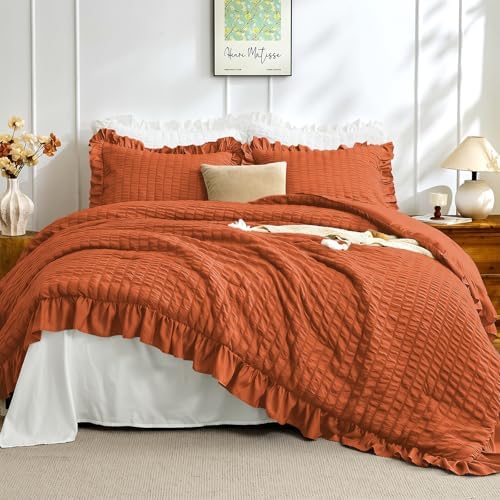 JOLLYVOGUE King Comforter Set, 3 Pieces Seersucker Comforters King Size, Lightweight & Fluffy Bedding Sets King for All Season with 1 Ruffle Comforter and 2 Ruffle Pillowshams, Burnt Orange