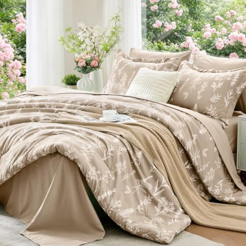 MUXHOMO Oversized King Comforter Set, Taupe Elegant Floral Print Bed in a Bag 7 Pieces, Ultra Soft & Breathable Reversible Botanical Pattern Bedding Set with Comforter, Sheets, Pillowcases, and Shams