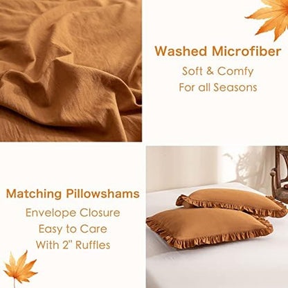 Masaca Pumpkin Color Ruffle Comforter Queen Size,Farmhouse Shabby Boho Chic Queen Bedding Comforter Set,3pcs Ultra Soft Fluffy Brown Orange Comforter Sets for Queen Bed with 2 Ruffled Pillowcases