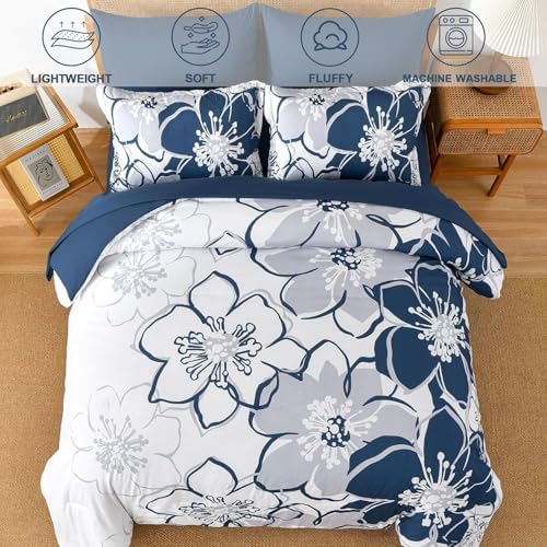 Anibedding Navy Floral Comforter Set Full Size 7 Piece, Blue Flower Bed in a Bag, Elegant Botanical Floral Comforter Soft Microfiber Complete Bedding Set for All Season, (Navy, 78''x90'')