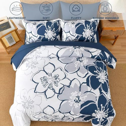 Anibedding Navy Floral Comforter Set Full Size 7 Piece, Blue Flower Bed in a Bag, Elegant Botanical Floral Comforter Soft Microfiber Complete Bedding Set for All Season, (Navy, 78''x90'')
