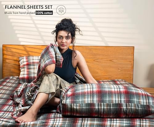 RUVANTI 100% Cotton Flannel Sheets King Size, 4 Pcs Set, Halloween Check