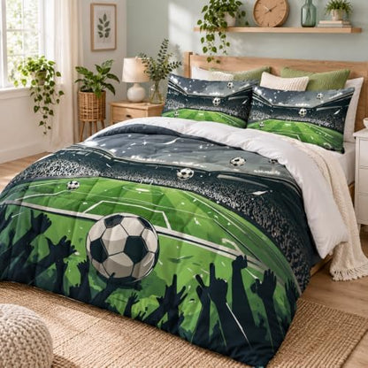 CCoutueChen Boys Twin Soccer Bedding Set, Sports Comforter Set for Kids, Green Warm Microfiber Comforter with 1 Pillowcase, 68"x86"
