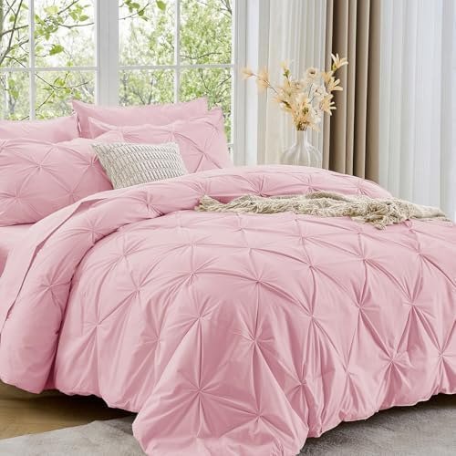 Sasttie Oversized Queen Comforter Set, 7-Piece Bed in a Bag, Pintuck Bedding Sets for All Season, Includes Comforter, Flat Sheet, Fitted Sheet, Pillowcases and Pillowshams, Baby Pink
