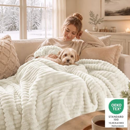 CozyLux Fleece Queen Comforter Set, 3 Piece Winter Warm Cream White Bedding