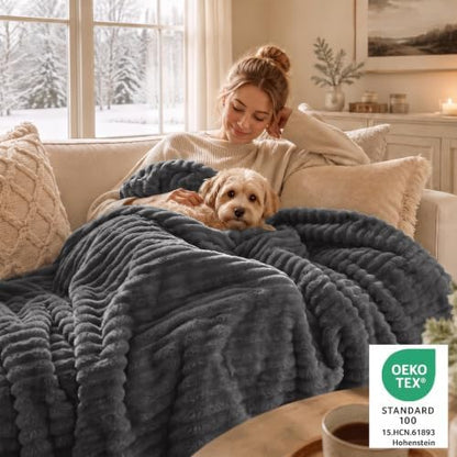 CozyLux Fleece Queen Comforter Set, 3 Piece Winter Warm Dark Grey Bedding