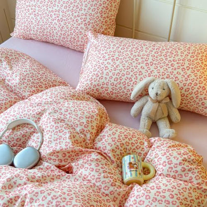 mixinni Pink Leopard Print Duvet Cover Set Twin XL Size, 3PCs Cute Aesthetic Cheetah Animal Bedding Set, 100% Cotton Double Gauze Soft Cream Leopard Duvet Cover with 2 Pillowcases for Girls Women