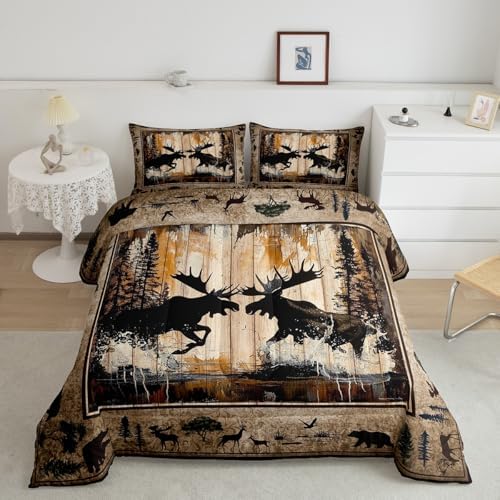 Feelyou Cute Moose Comforter Set for Girls Boys Kids Queen Size Wildlife Decor Comforter Room Decorative Rustic Cabin Country Bedding Set Nature Wild Duvet Set 3Pcs Quilt Set