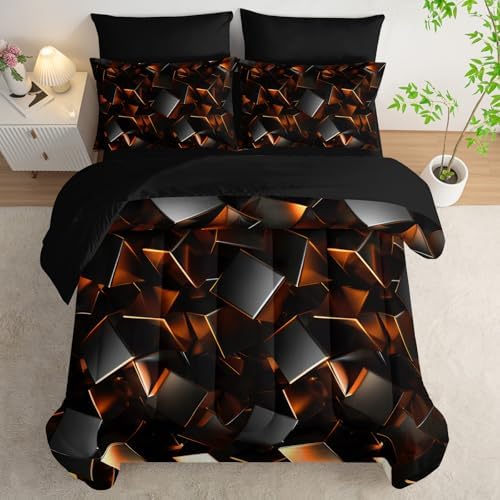Nttopship Black and Yellow Geometric Comforter Set Twin Size 7PCS,Abstract Triangular Printed Bedding Set for Adults,Geometric Mordern Art Decor All Seasons with Pillowcases,Flat, Fitted Sheet
