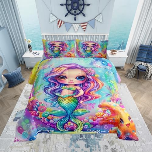 Cartoon Mermaid Comforter Set Full Size Colorful Ocean Theme Bedding Set with 2 Pillowcases for Kids Child Girls,Princess Bedroom Cartoon Quilt Underwater World Starfish Duvet Double-sided Printing