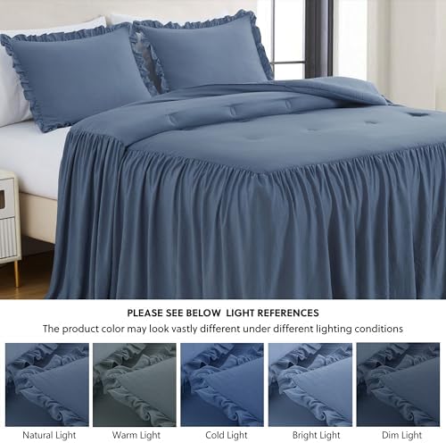 Chezmoi Collection Sinclair 3-Piece Ruffle Skirt Bedspread Set - French Country Chic Farmhouse - California King, Dusty Blue