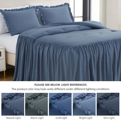 Chezmoi Collection Sinclair 3-Piece Ruffle Skirt Bedspread Set - French Country Chic Farmhouse - California King, Dusty Blue