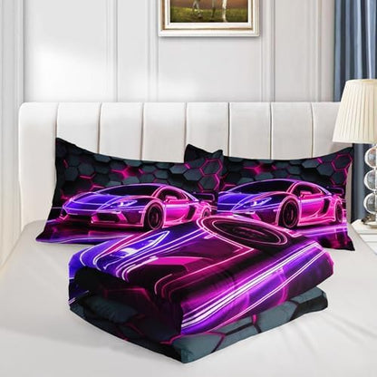 HOSIMA Race Car Gaming Queen Bedding Sets for Boys with 2 Pillowcases.