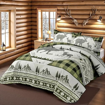 3 Piece Cabin King Size Quilt Sets Farmhouse Rustic Reversible Microfiber Soft Lightweight Bedspread Comforter with 2 Shams Patchwork Country Lodge Bedding Quilts Set for All Season, 106''x96'', Green