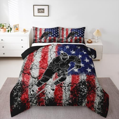 Homewish American Flag King Size Comforter Set,Kids Hockey Sport Player Decor All Season Bedding Set,Teens Retro Style Comforter,Girls Blue and Red Decor Quilt Set Bedroom Collection 3Pcs