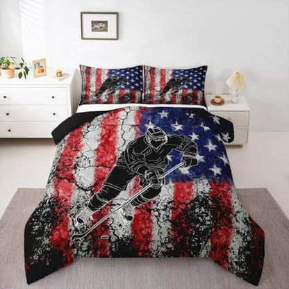 Homewish American Flag Comforter Set Queen Size,Hockey Sport Player Bedding Set for Kids Boys Girls Bedroom Decoration,Retro Style Bed Duvet Insert,Blue and Red Comforter with 2 Pillowcase