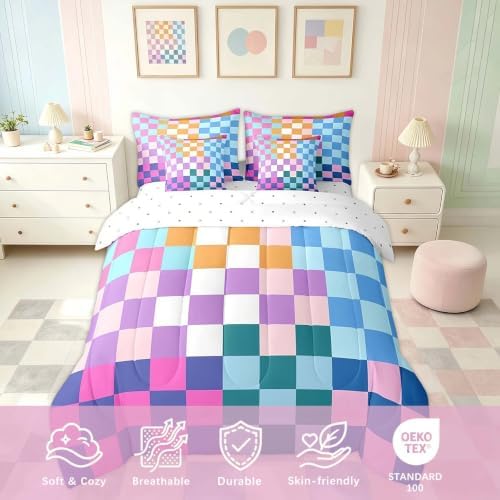 Feelyou Multicolored Checkered Retro Bedding Sets Kids Boys Girls Geometric Vintage Comforter Bed in a Bag Full Size Rainbow Colorful Bed Duvet Insert Modern Groovy Aesthetic Room Decor