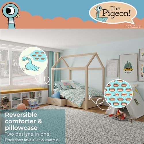 Franco The Pigeon Finds A Hot Dog Twin Bedding Set – 5 Piece Super Soft Microfiber Reversible Comforter, Sheet Set & Sham - Book by Mo Willems (Officially Licensed Product)