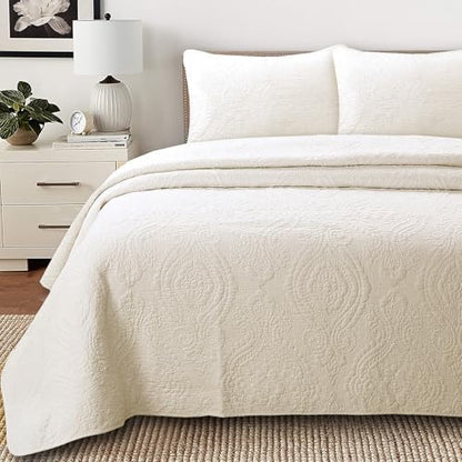 Cozy Line Home Fashions Ivory Cotton Quilt Set – 3-Piece Quilted Damask Medallion Bedspread with Shams, Textured All Season Elegant Bedding, Queen