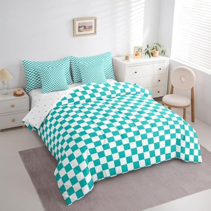 jejeloiu Teal Checkered Bedding Set 7Pcs King Size Kids Classic Plaid Comforter Set with Sheets for Boys Girls Grid Buffalo Check Bed in a Bag Soft Lightweight,Microfiber