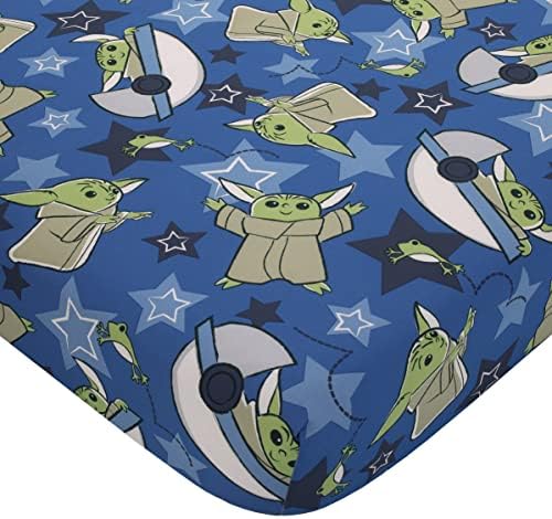 NoJo Star Wars The Child Cutest in The Galaxy Blue, Green, and Gray Grogu and Hover Pod 2 Piece Toddler Sheet Set - Fitted Bottom Sheet and Reversible Pillowcase