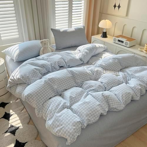 LifeTB Blue Gingham Comforter Set Full Size Modern Style Blue Plaid Comforter Set 3 Pieces Grid Checkered Pattern Comforter Fluffy Soft Farmhouse Gingham Bedding Comforter with 2 Pillowcases
