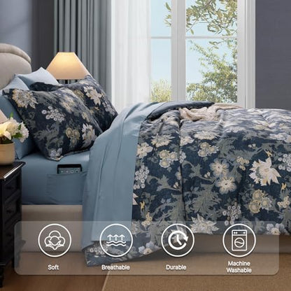 BLOOMHAVEN Queen Comforter Set-7 Pieces Blue Floral Bed in a Bag Queen