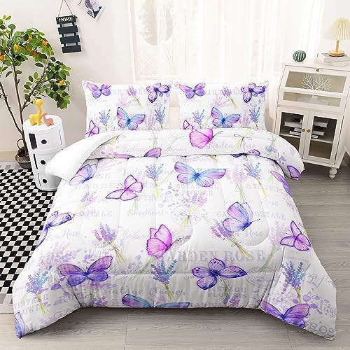 Butterfly Comforter Set Queen Size for Girls Kids Adults Lavender Flowers Pattern Bedding Set Aesthetics Butterflies Quilt Bed Set with 1 Comforter and 2 Pillowcases