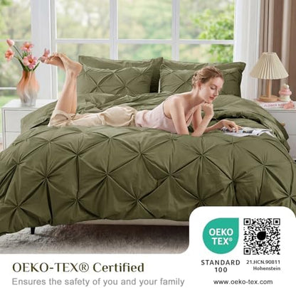 JOLLYVOGUE Queen Comforter Set 7 Pieces - Bed in a Bag Queen for All Season, Pintuck Bedding Comforter Sets with Comforter, Flat Sheet, Fitted Sheet and Pillowcases & Shams, Olive Green