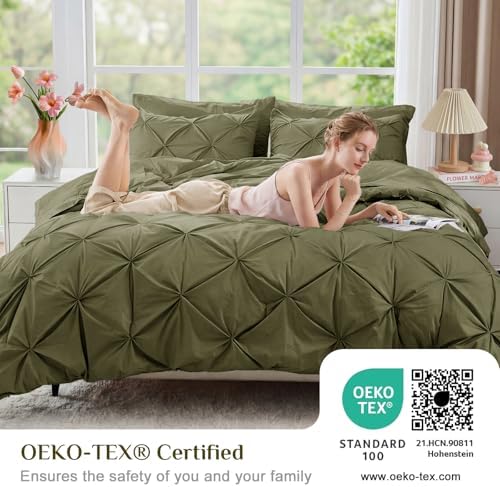 JOLLYVOGUE King Size Comforter Set 7 Pieces - Bed in a Bag King for All Season, Pintuck Bedding Comforter Sets with Comforter, Flat Sheet, Fitted Sheet and Pillowcases & Shams, Olive Green