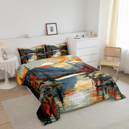 Sunset Lake House Comforter Set Full Size,Tree Branch Woodland Bedding Set for Kids Teens Adults Room Decor,Natural Scenery Retro Quilt Set,Camping Adventure Theme Duvet Insert 3Pcs,2 Pillowcases