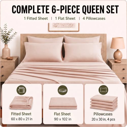 CozyLux Queen Sheet Set 6-Piece, 21-Inch Deep Pocket, Soft Brushed Feel