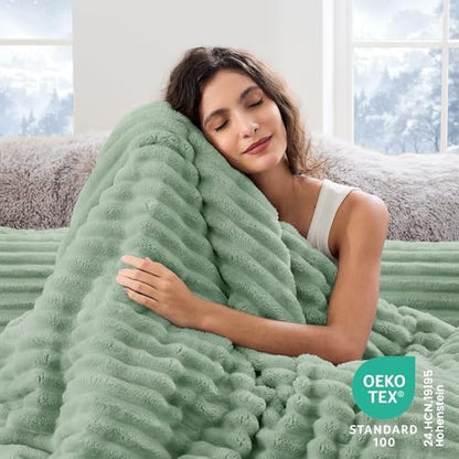 Sasttie Fluffy Queen Comforter Set, 3-Piece Soft Fleece Bedding, Sage