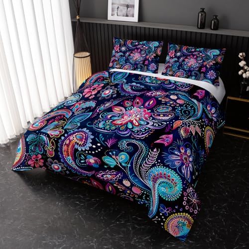 Nttopship Boho Floral Comforter Set King Size 3 PCS Paisley Flower Comforter Bed in a Bag Set Dark Blue Vintage Floral Boho Medallion Comforter Set for Kids Girls Teens Soft Microfiber Bedding Sets