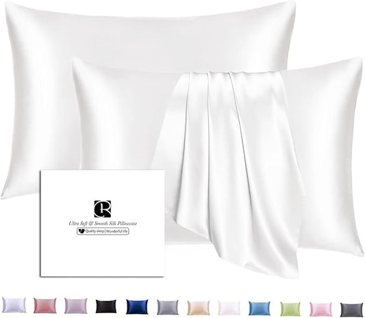 Ravmix Silk Pillow Cases 2 Pack with Zipper, 21momme Mulberry Silk Pillowcase for Hair Skin, Soft Smooth Breathable Cool Pillow Cover for Beauty Sleep with Gift Box(Queen 20"x30", Ivory White)