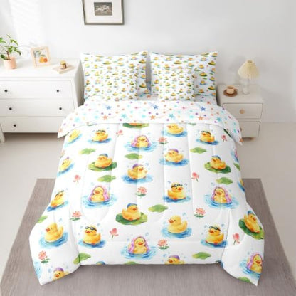 Erosebridal Cute Yellow Duck Full Bedding Set 7 Piece Kawaii Rubber Ducks Bed in A Bag with Sheets Cartoon Animal Print Comforter Set for Kids Adults,Funny Duck Lotus Bed Sets