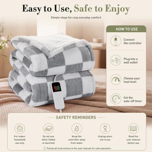 Grey Heated Blanket Electric Full Size 72"X84", Heating Blanket Full