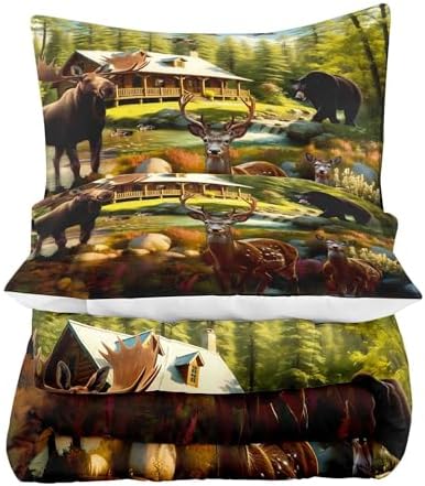 LUVIVIHOME 2PCS Rustic Bear Moose Deer Comforter Set Twin Size, Cabin Bedding, Green Forest Animals Mallard Duck Wildlife Hunting Hunter Country Lodge Rustic Farmhouse Bedroom Decor, 1 Pillow Sham