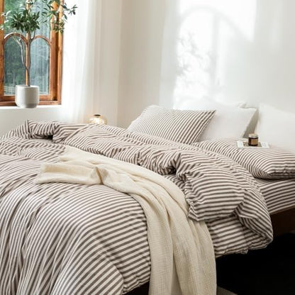 FOSSA Striped Duvet Cover Set 100% Washed Cotton Linen Feel Full