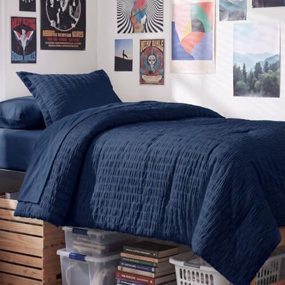 CozyLux Twin XL Comforter Set, 5 Pieces Navy Blue Seersucker Bed in a Bag